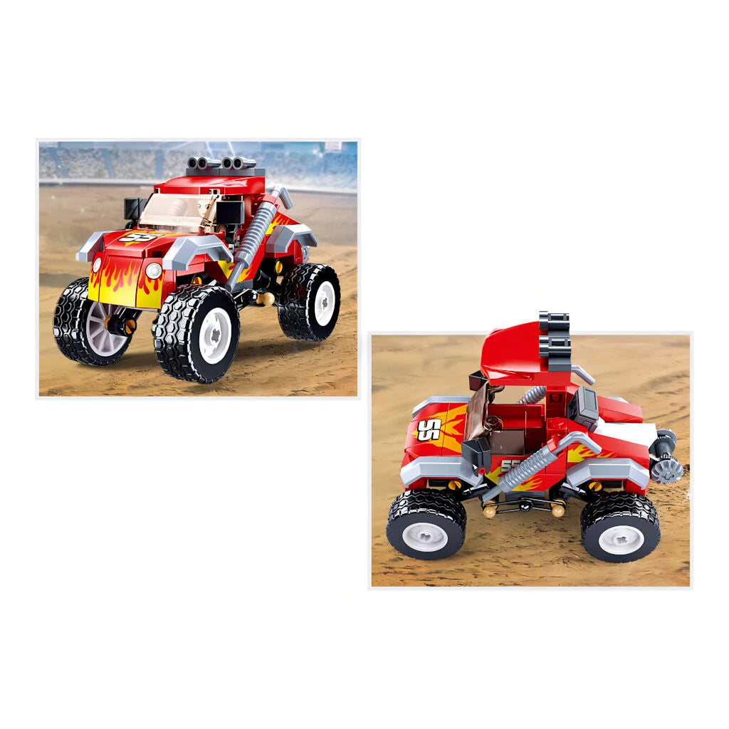 Sluban Town Off Road Vehicle Red shown from front and overhead angles on a dirt track