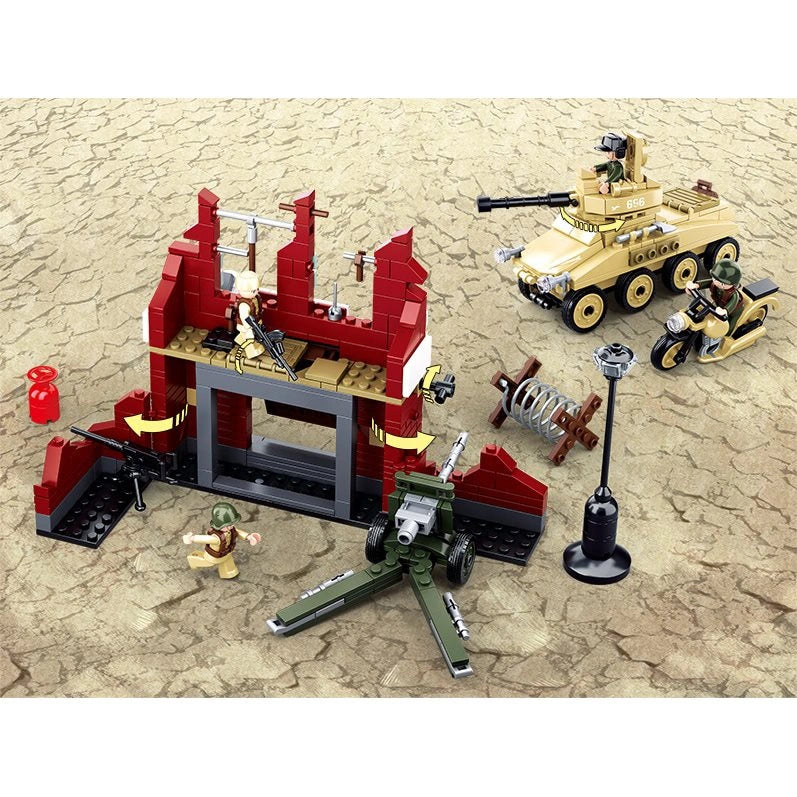 Sluban WWII Battle Of Stalingrad models arranged around the ruined building with armoured car, motorcycle, field cannon, street lamp, barricade and soldier figures