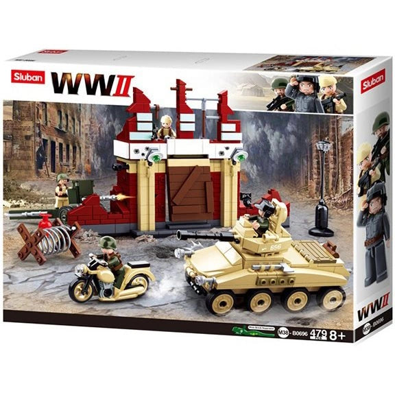 Sluban WWII M38-B0696 Battle Of Stalingrad box front showing the ruined building, tan armoured car, motorcycle, field cannon, soldier figures, 479 piece count and 8+ age marking