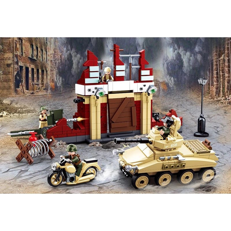 Sluban WWII Battle Of Stalingrad scene showing the ruined building, tan armoured car, motorcycle, field cannon, barricade, barbed wire, street lamp and four soldier figures