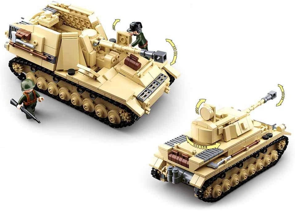 Sluban WWII Panzer IV 2 in 1 set showing two different tan tracked vehicle configurations with movable gun and turret direction arrows and soldier figures