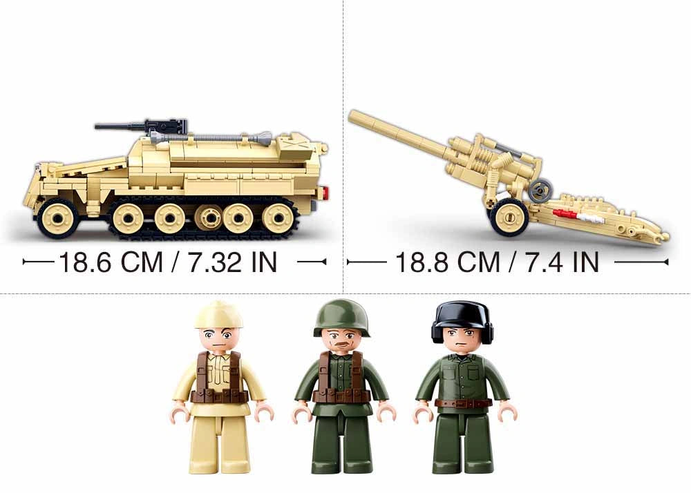 Sluban WWII SD.KFZ 251 Half-Track and K18 Cannon measurement graphic showing the 18.6 cm half-track, 18.8 cm field cannon and three included soldier figures