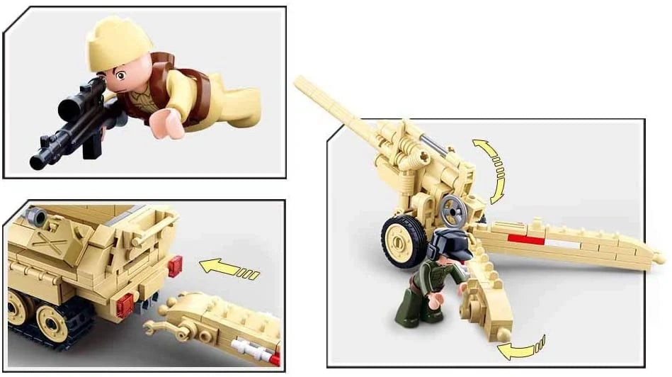 Sluban WWII SD.KFZ 251 Half-Track and K18 Cannon feature graphic showing a soldier with rifle, the rear towing connection and the field cannon with movable support legs