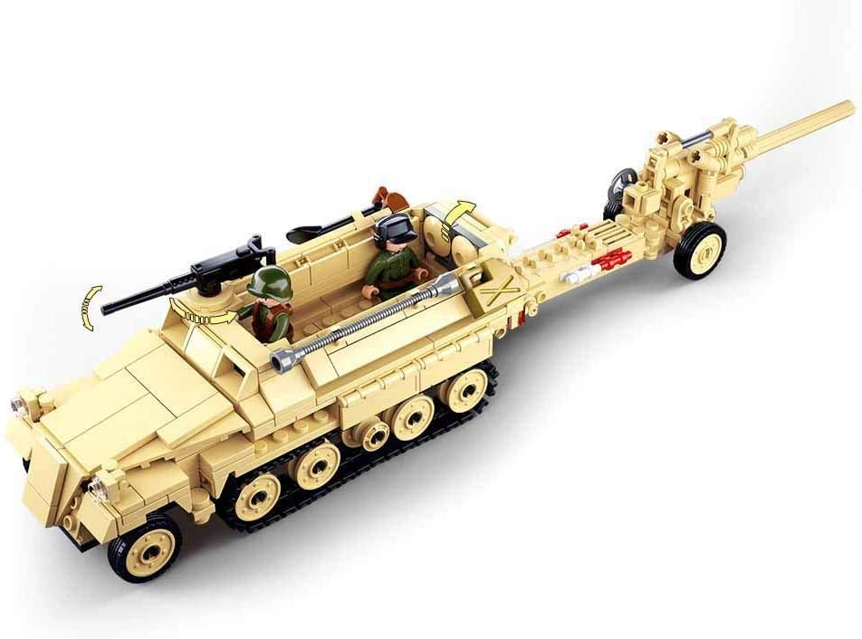Sluban WWII SD.KFZ 251 Half-Track shown towing the tan K18 field cannon, with open troop compartment, mounted gun, two soldier figures and movement arrows on the gun and cannon