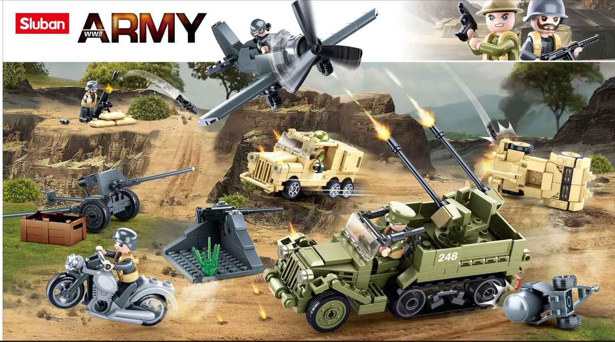 Sluban WWII Set battle scene showing a grey propeller aircraft, green half track with twin guns, tan military vehicles, motorcycle, field cannon, weapon positions and soldier figures