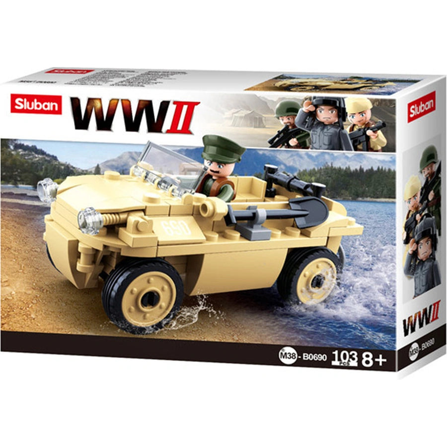Sluban WWII M38-B0690 retail box showing the tan amphibious vehicle beside water with soldier figure, 103 piece count and 8+ age marking