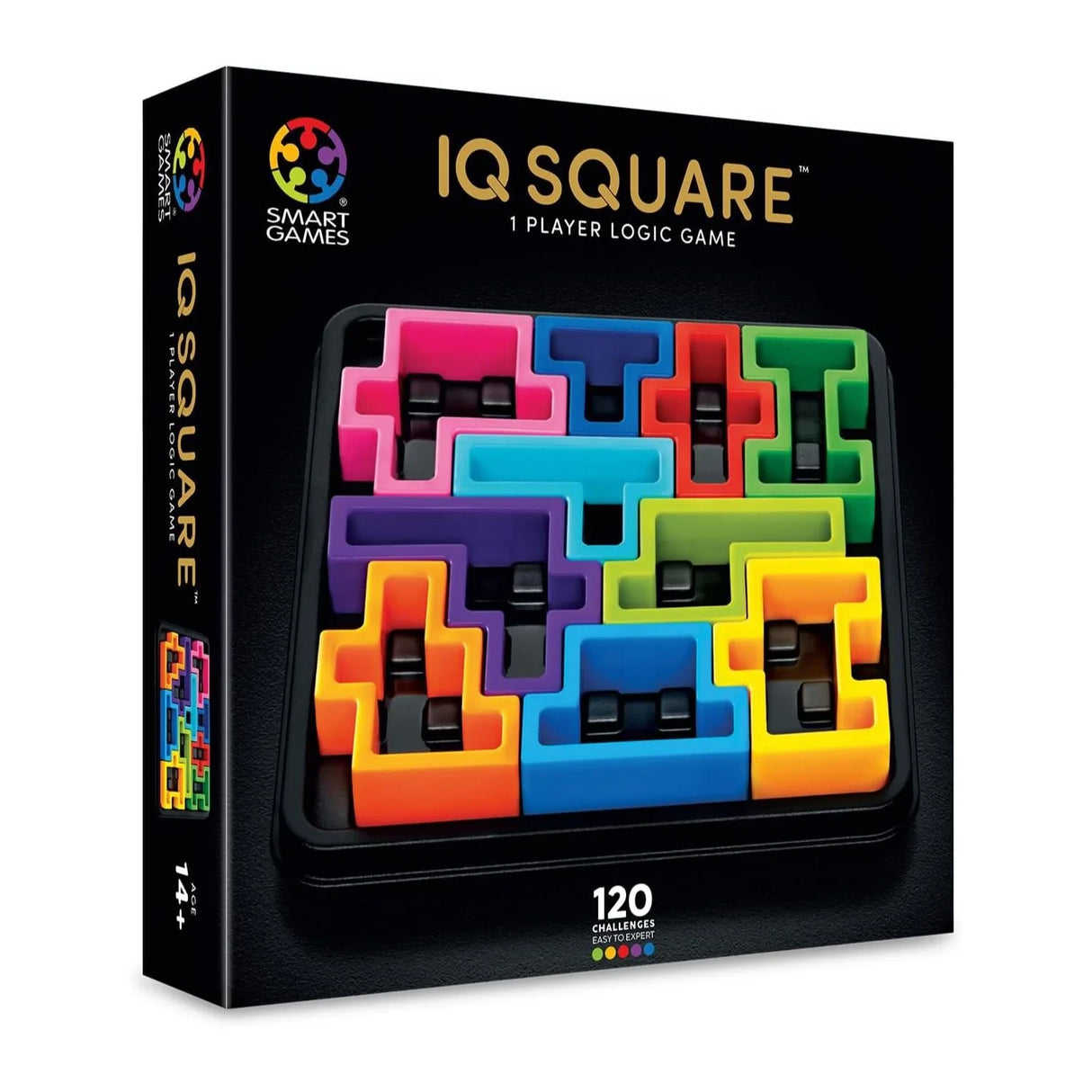 SmartGames IQ Square box front showing colourful puzzle pieces on a square game board