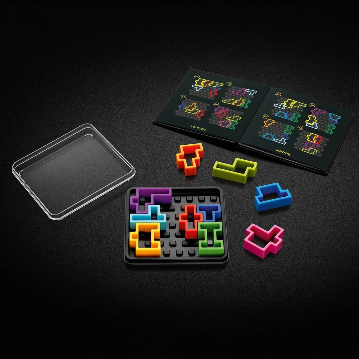 SmartGames IQ Square game board with loose puzzle pieces, clear lid and challenge booklet