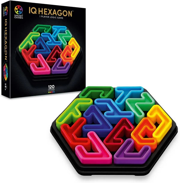 SmartGames IQ Hexagon box beside a hexagon board filled with colourful puzzle pieces