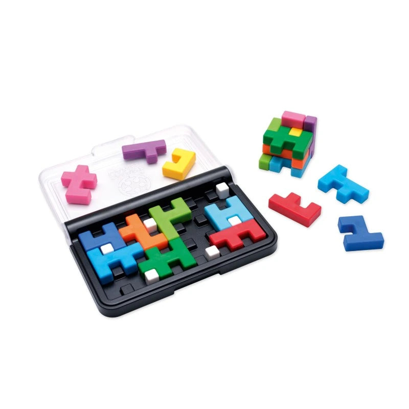 SmartGames IQ Quub open puzzle case with loose colourful pieces and small cube
