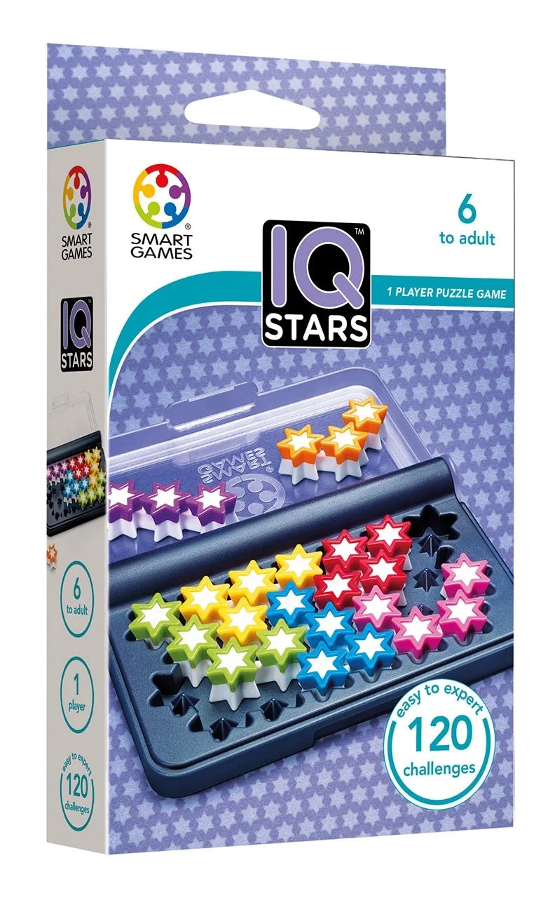 SmartGames IQ Stars box showing colourful puzzle pieces and challenge count – Ireland