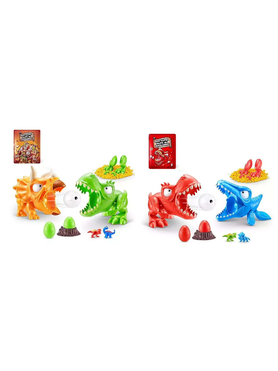 Smashers Dino Island Mini T-Rex Battles playset contents showing dinosaur heads, mini eggs, slime, sand and small dinosaur figures