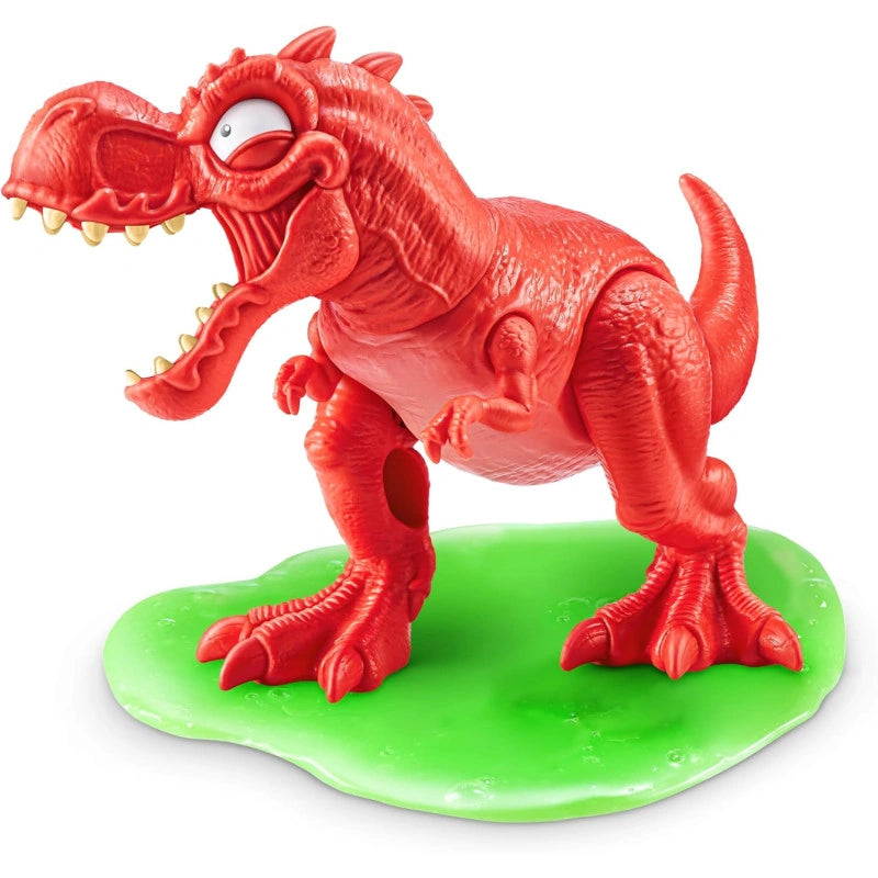 Red T-Rex dinosaur figure with open mouth and visible teeth standing on translucent green slime base