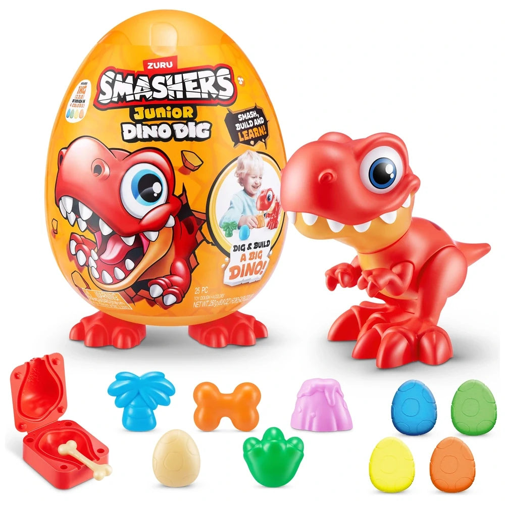 ZURU Smashers Junior Dino Dig Large Egg product artwork featuring the Dino Dig logo, orange egg and dinosaur themed surprises.