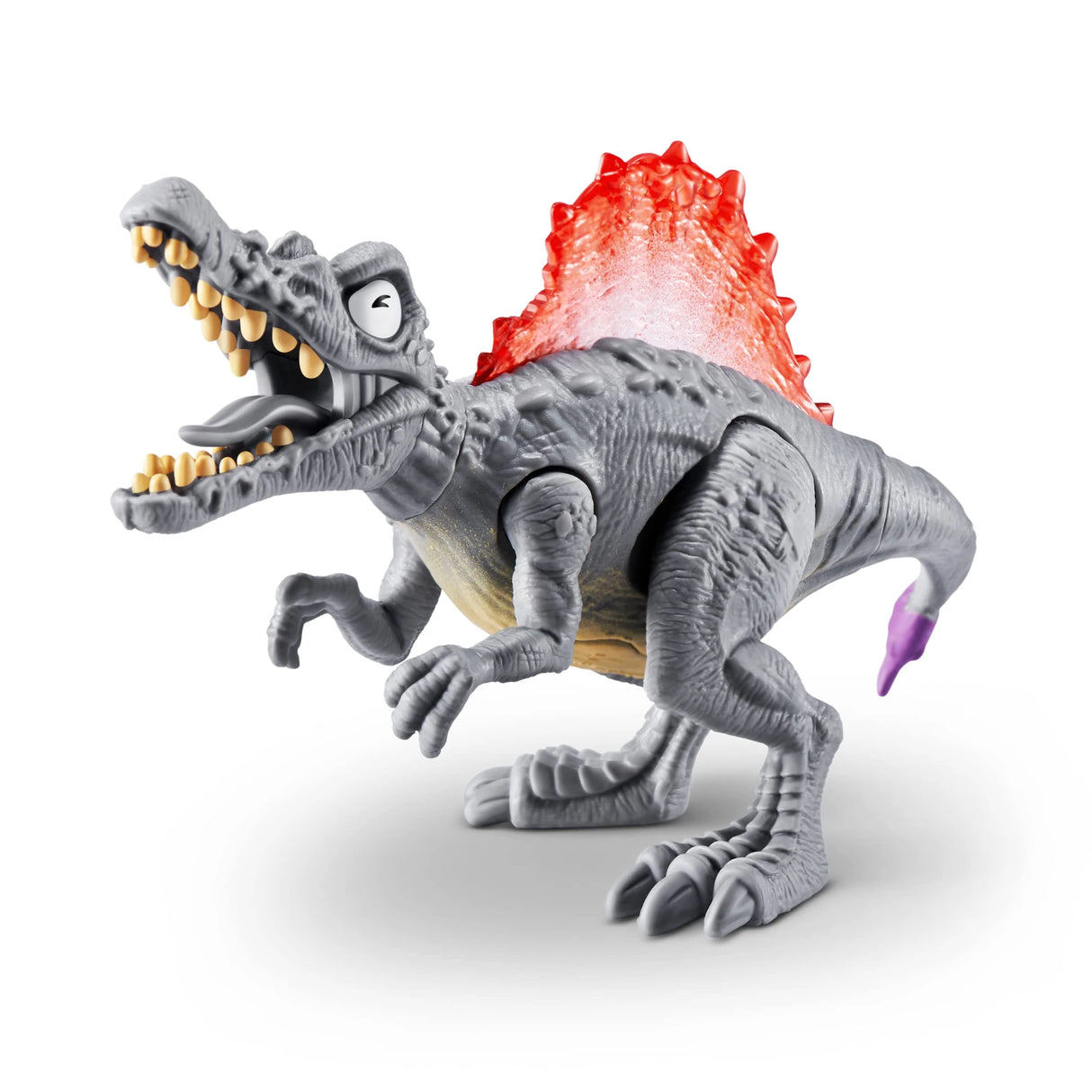 Grey plastic dinosaur figure with open mouth, pointy teeth, large semi-transparent red sail on back and small purple tip on tail, on plain white background