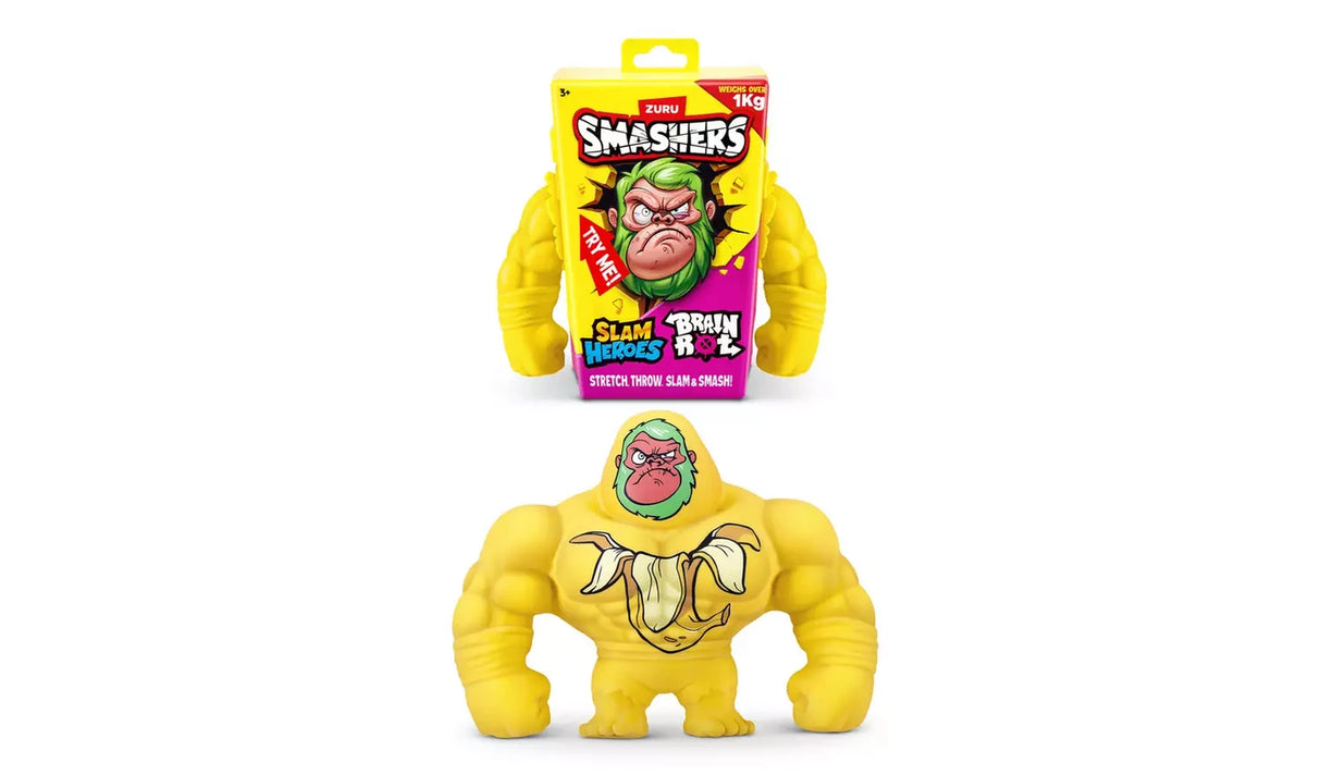 Yellow Brain Rot figure with green haired face and peeled banana graphic on its chest below the retail pack