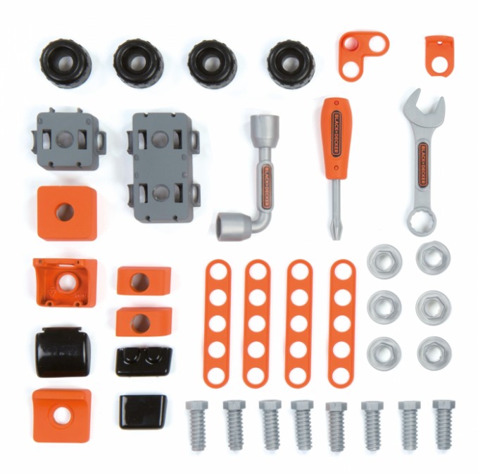 Laid-out view of all parts in the Smoby Black+Decker Bricolo Box – Ireland
