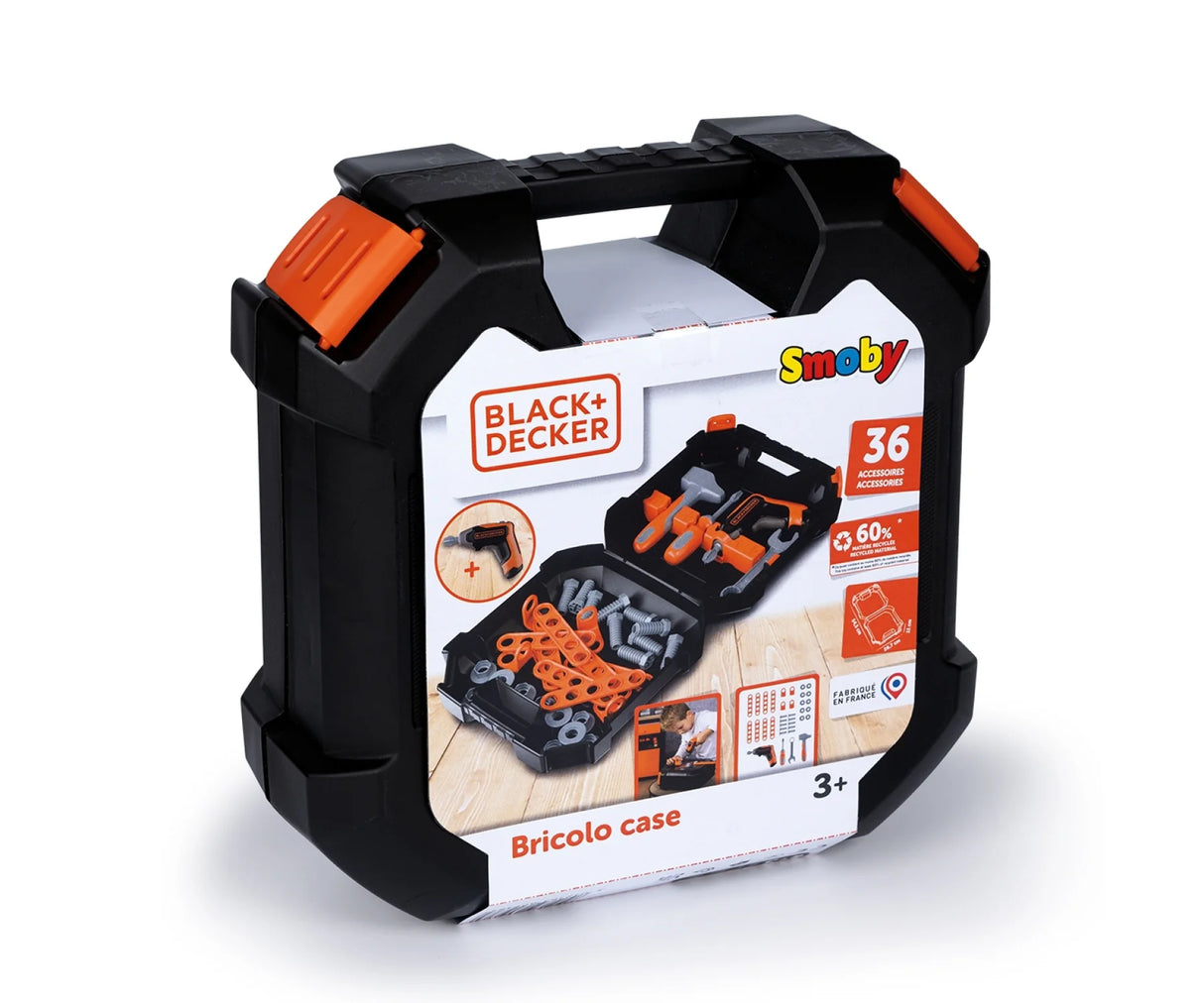Smoby Black+Decker Bricolo Case retail box showing tools and 36 accessories