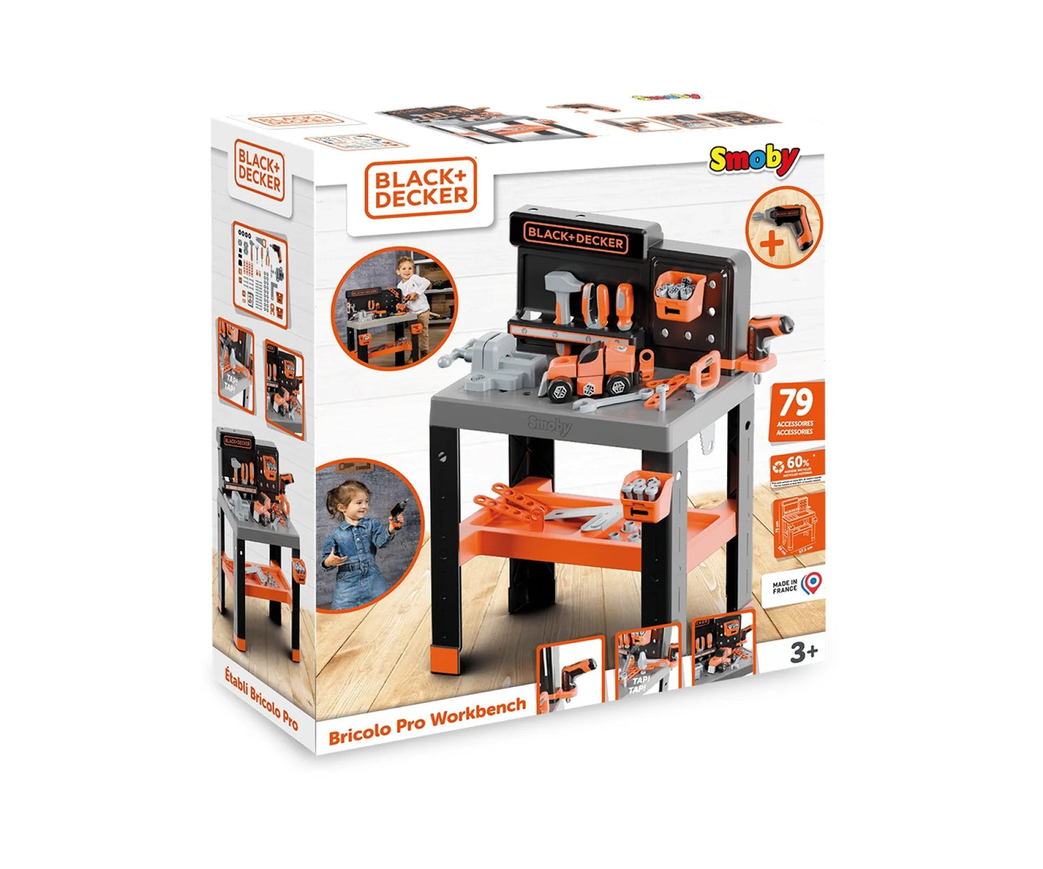 Smoby Black+Decker Bricolo Pro Workbench packaging box showing set details in Ireland