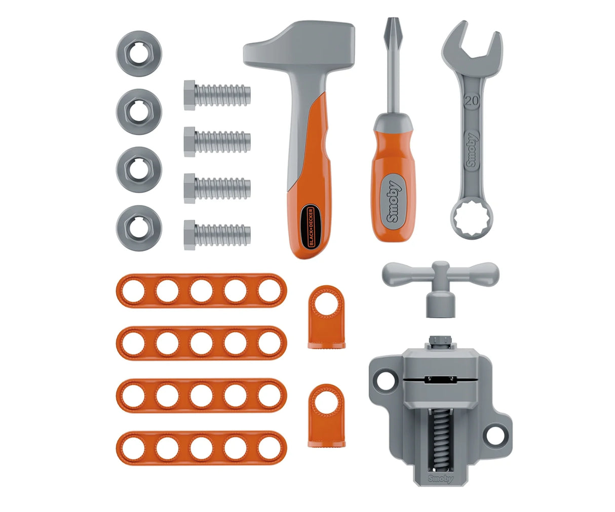 Smoby Black+Decker Devil Workmate tools and parts including hammer screwdriver wrench and screws