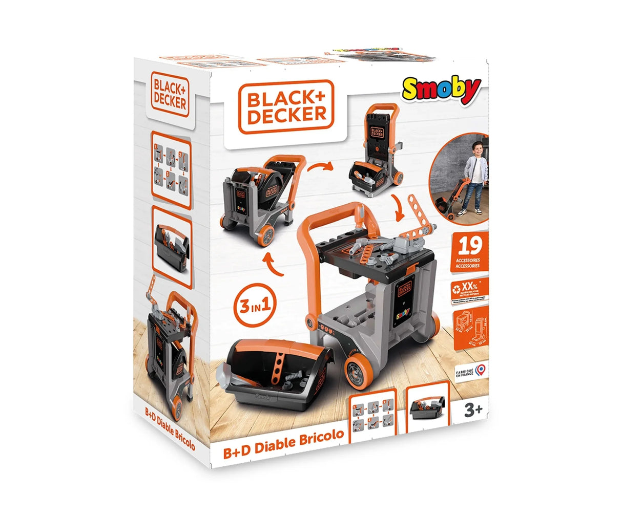 Smoby Black+Decker Devil Workmate 3 in 1 box showing workbench, trolley and wheelbarrow functions
