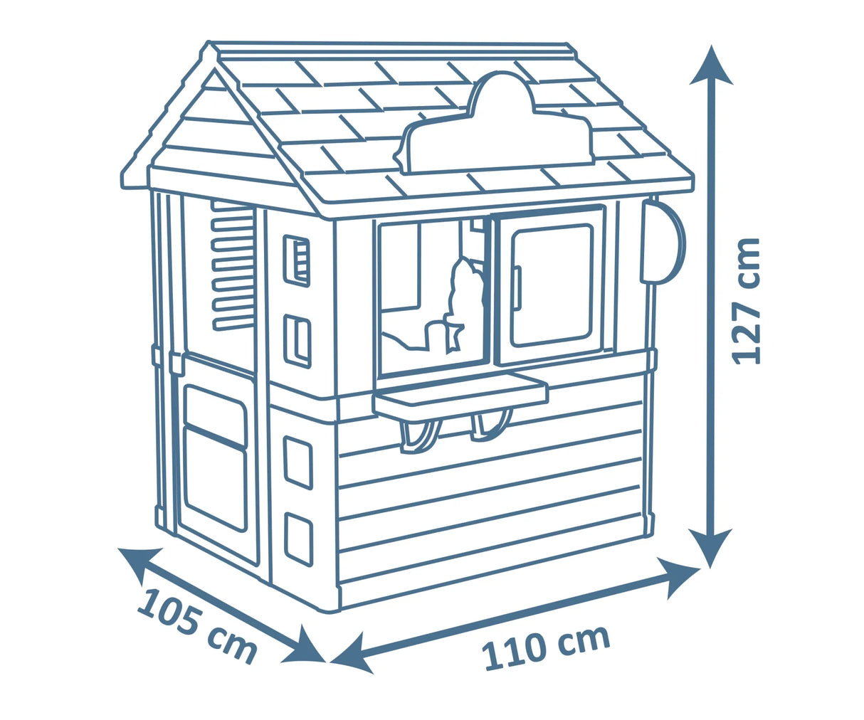 Smoby Life Playhouse Sweety Corner dimensions diagram showing 105 x 110 x 127 cm