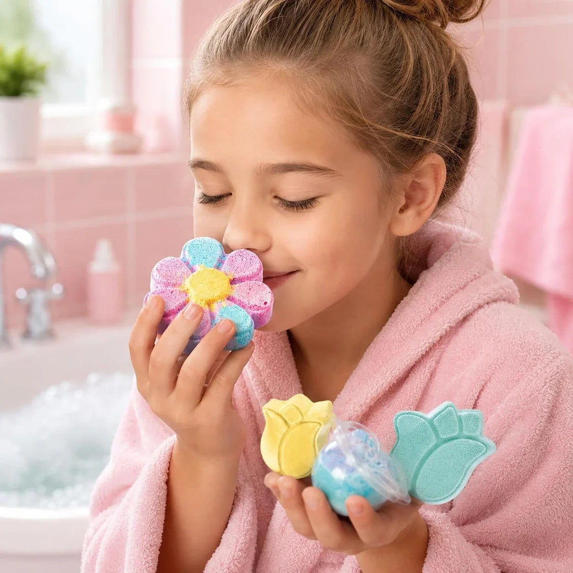 So Bomb DIY Flower Bath Bomb Factory promotional photograph showing a bath bomb making activity in a warm coloured setting.