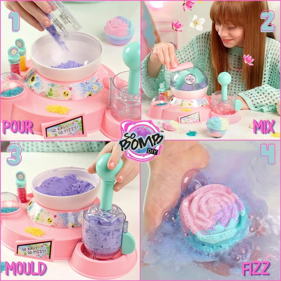 So Bomb DIY Flower Bath Bomb Factory promotional image featuring the flower bath bomb activity and pastel coloured surroundings.