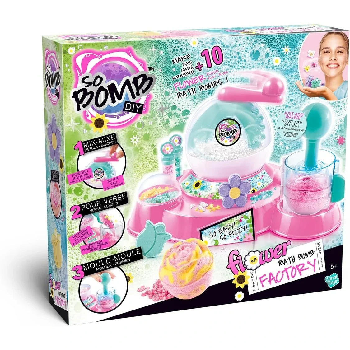 So Bomb DIY Flower Bath Bomb Factory packaging with colourful product graphics, flower bath bomb illustrations and a 6+ age marking.