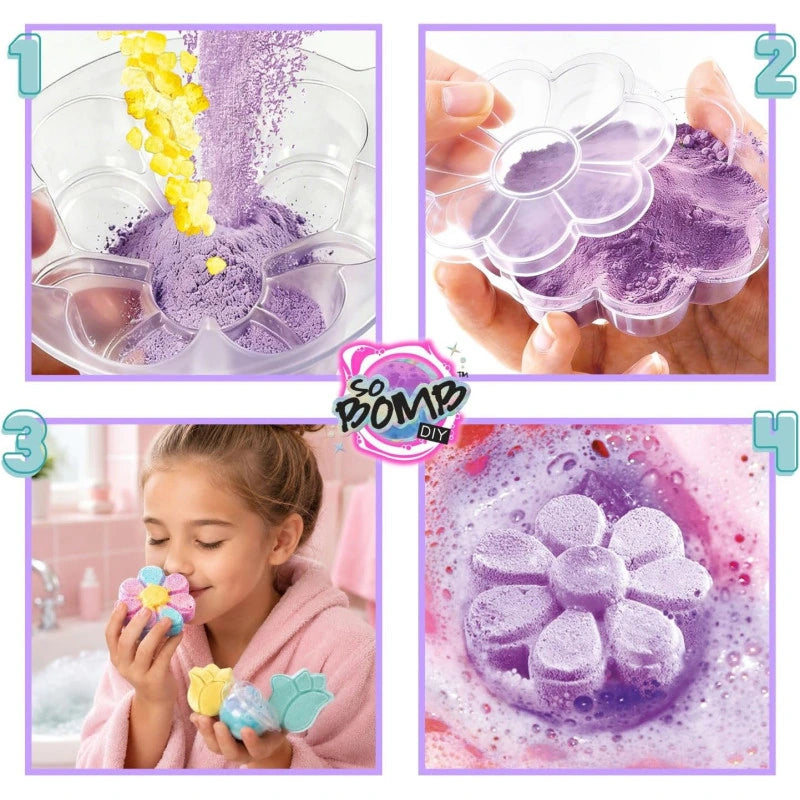 Four-panel photographic demonstration of the So Bomb DIY Flower Bath Bomb Kit, showing stages of preparing and shaping the bath bomb mixture.