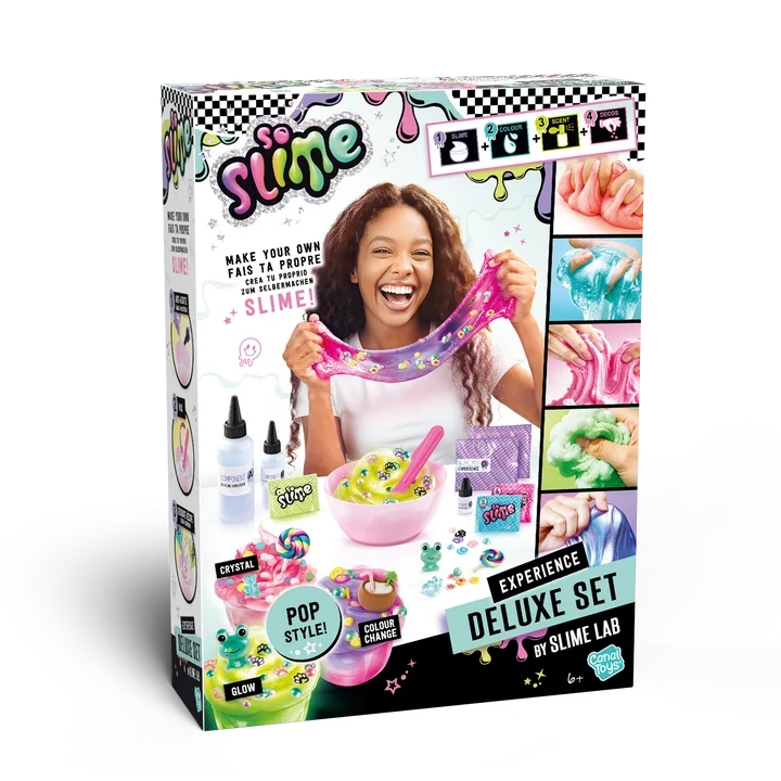 So Slime Experience Deluxe Set Pop Style retail box viewed at an angle, showing a girl stretching pink slime and illustrations of colourful slime mixtures and decorations.