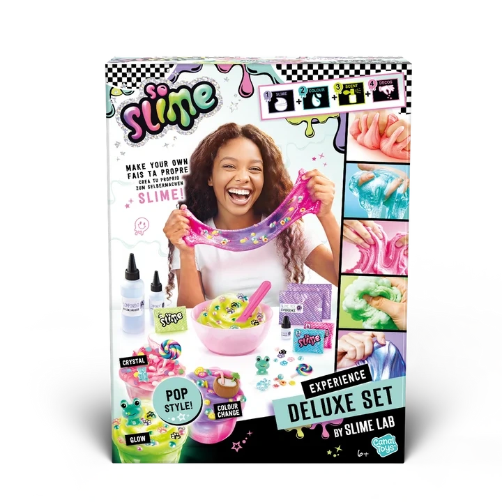 Front of the So Slime Experience Deluxe Set Pop Style packaging showing a smiling girl stretching pink slime, a mixing bowl, slime ingredients and colourful decorated slime pots.