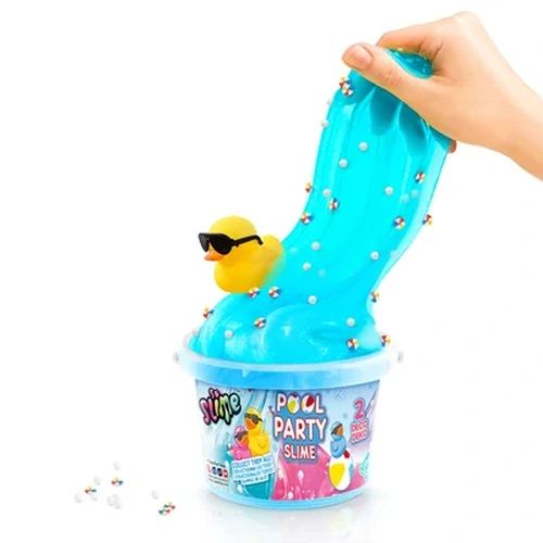 Hand stretching turquoise blue slime upwards from a So Slime Pool Party bucket, with a yellow duck wearing black sunglasses surrounded by colourful decorations and white foam beads.