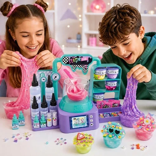 Girl stretching pink slime and boy stretching purple glitter slime beside the So Slime Experience Lab, with ingredient bottles, electronic display, mixing bowl and colourful decorated slime pots on the table.