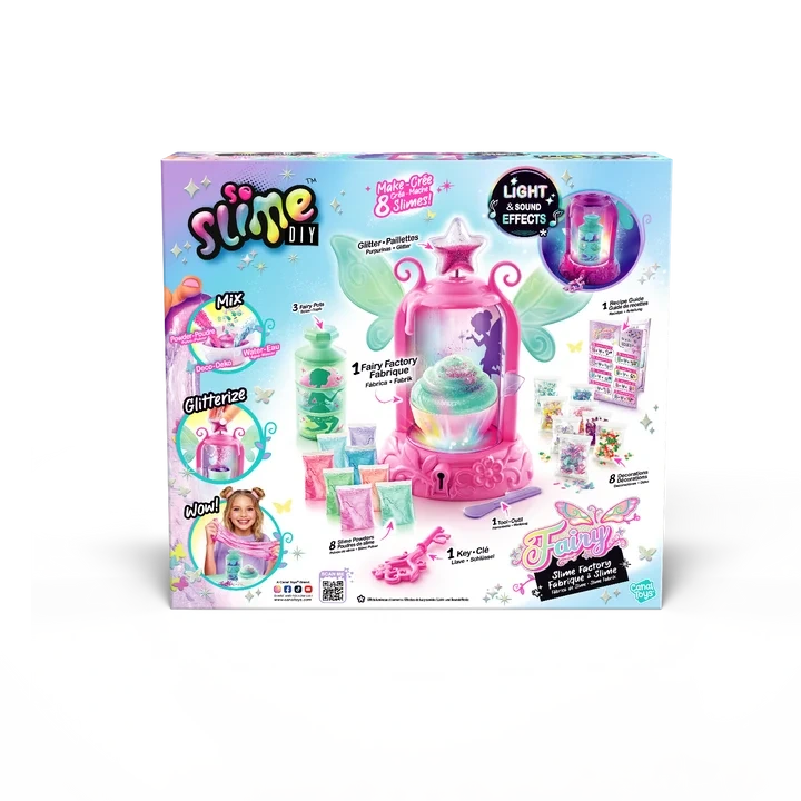 Back of the So Slime DIY Fairy Slime Potion Maker packaging showing the pink fairy machine with wings, illuminated slime potion, powder sachets, glitter decorations and pink key.