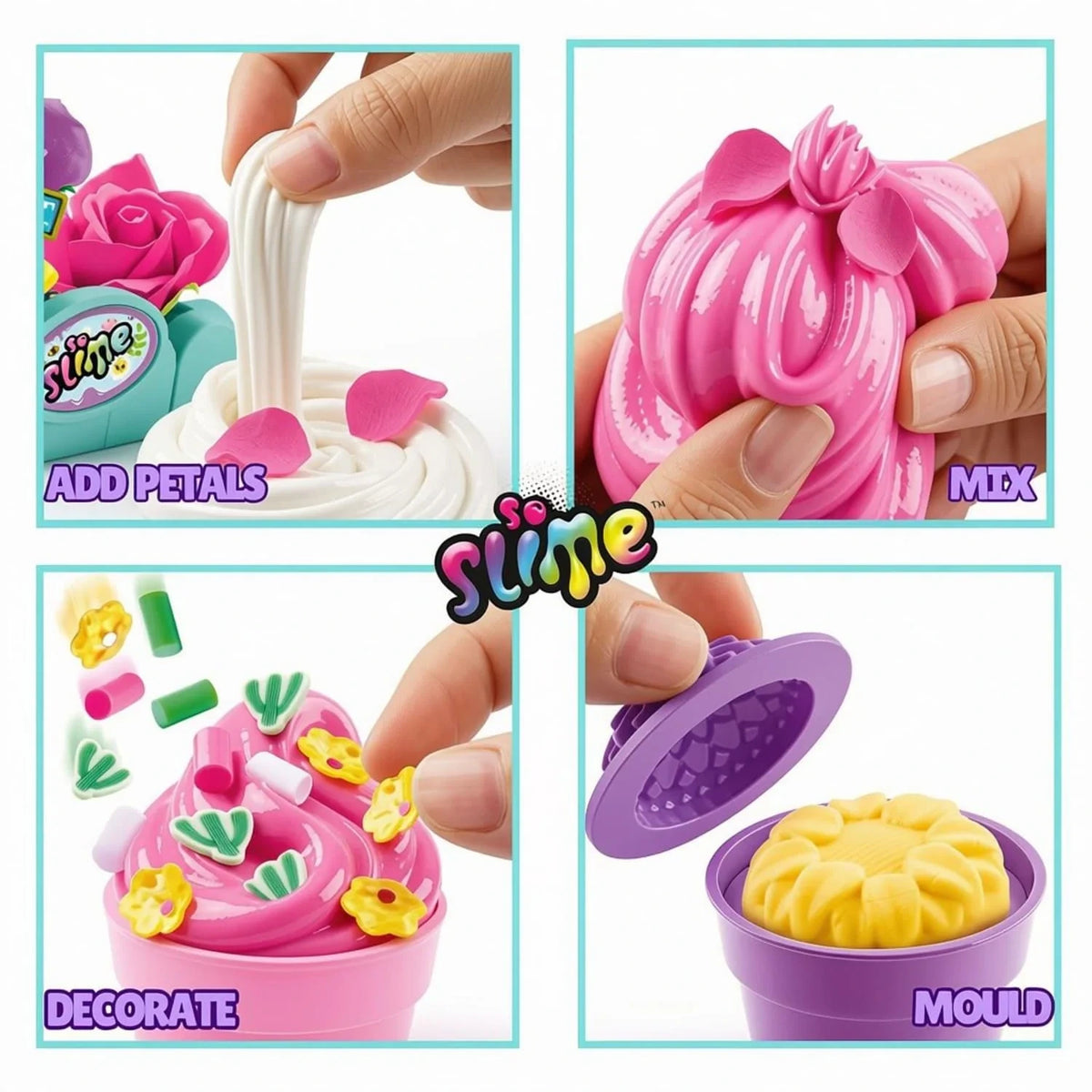 Four So Slime Flower Shop instruction panels showing pink flower petals being mixed into white slime, pink slime being kneaded, miniature decorations being pressed onto slime in a flower pot and a purple flower mould containing yellow slime.