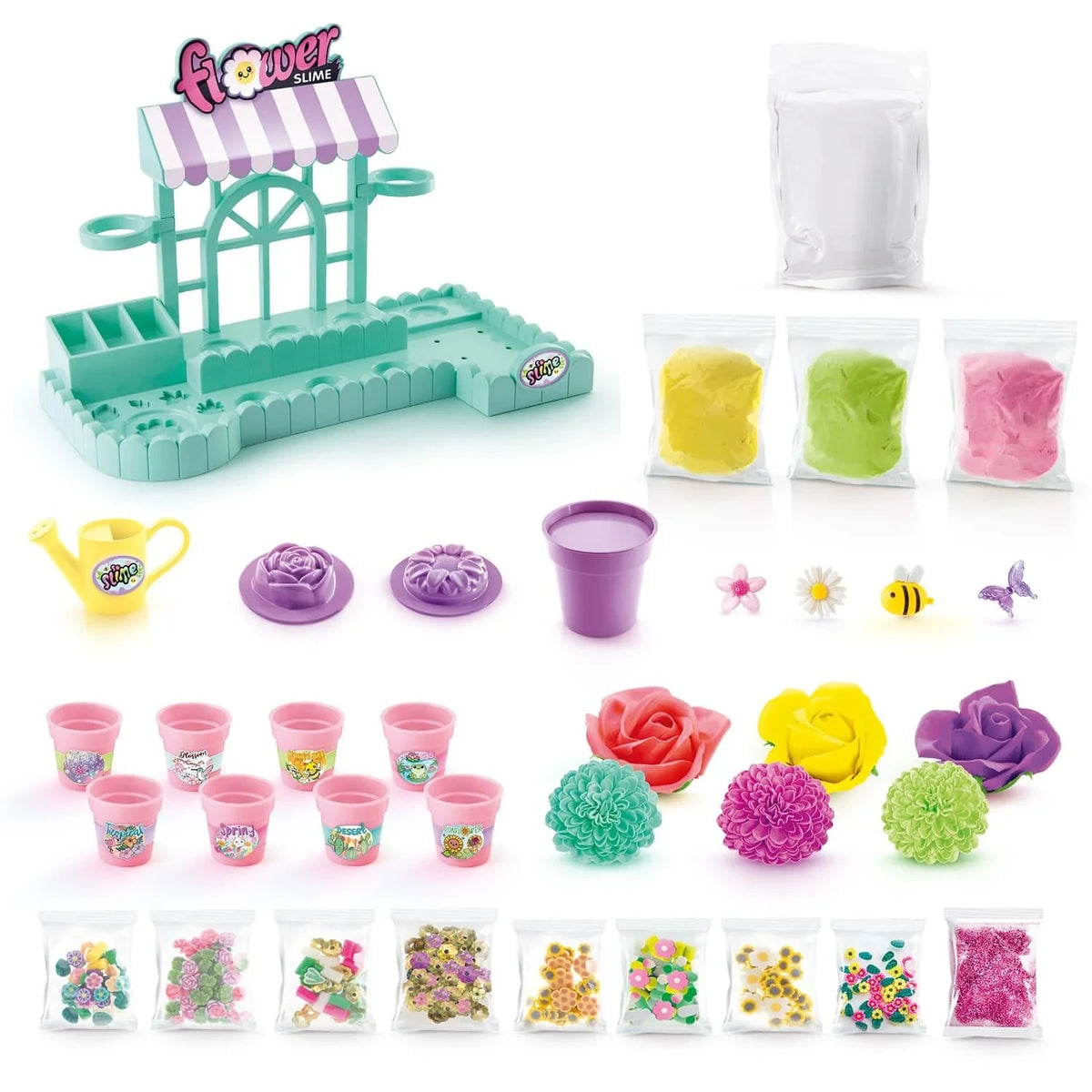 So Slime Flower Shop kit contents showing the turquoise flower shop stand, striped canopy, yellow watering can, purple flower moulds, eight pink pots, three coloured slime packets, white slime, decorative flowers, charms and glitter packets.