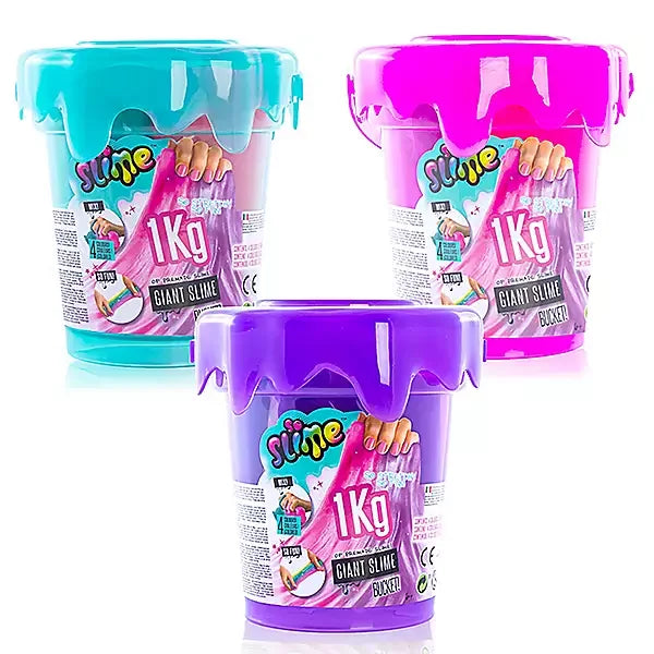 Trio of So Slime 1Kg buckets in pink, blue and purple with colourful labels – Ireland