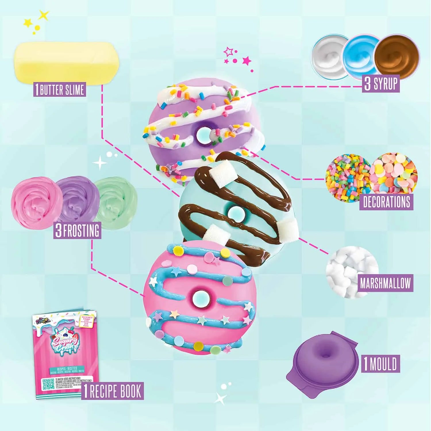 Kit contents layout including butter slime, frosting, syrups, mould, toppings, and recipe book – Ireland