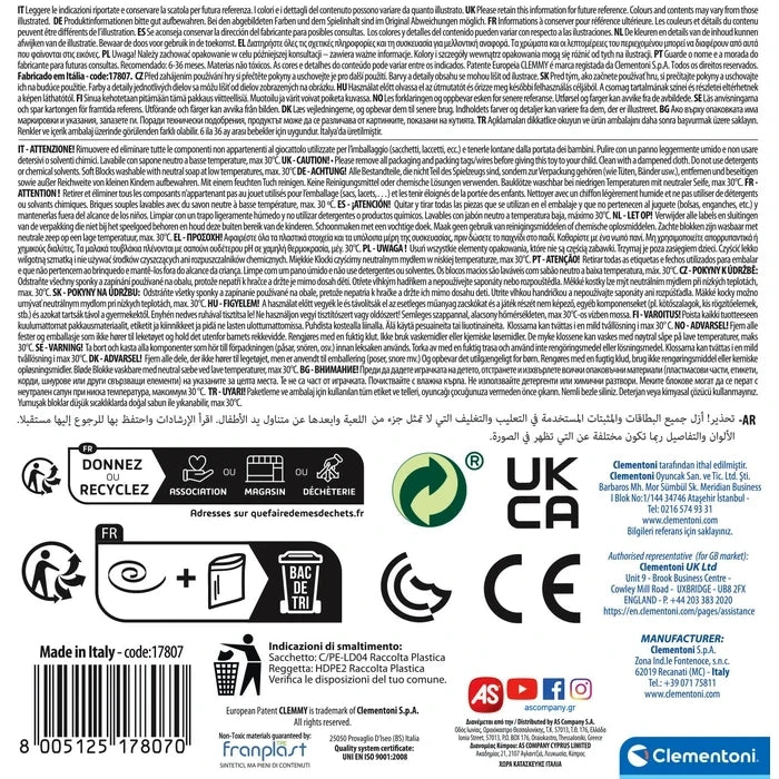 Back of the Soft Clemmy Sensory Bucket packaging showing multilingual safety information, Clementoni manufacturer details, recycling symbols and barcode 8005125178070.