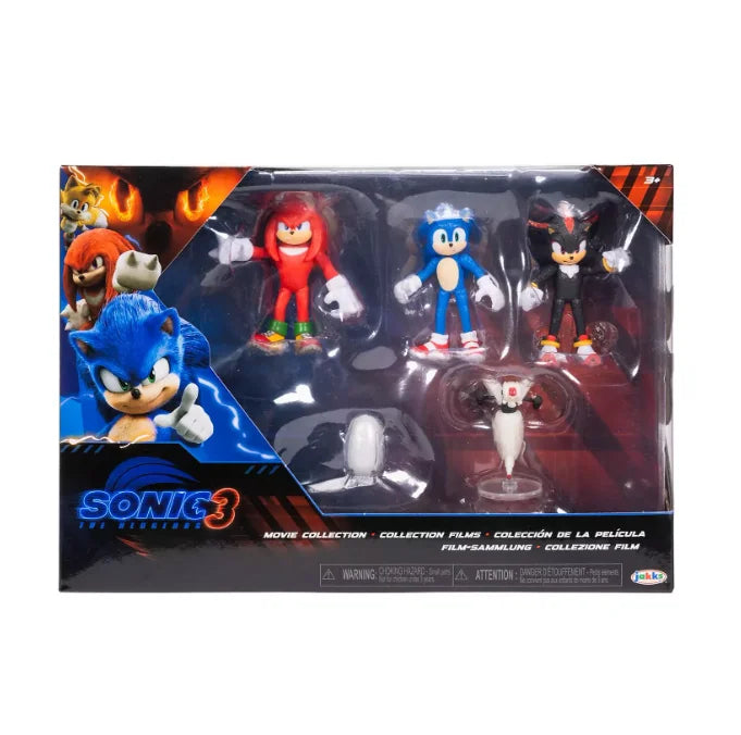 Sonic 3 Movie Figure Multipack box with 6.3 cm (2.5 inch) Sonic, Knuckles, Shadow, Buzz Bomber, and Drone in Ireland.