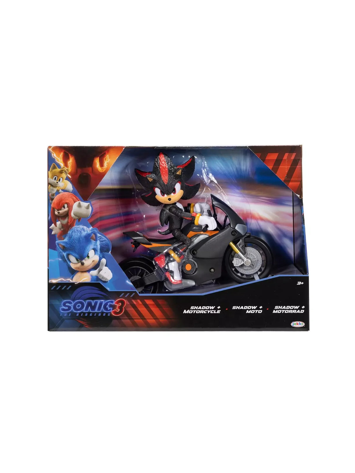 Sonic 3 Movie Shadow action figure in retail box with motorcycle accessory in Ireland.