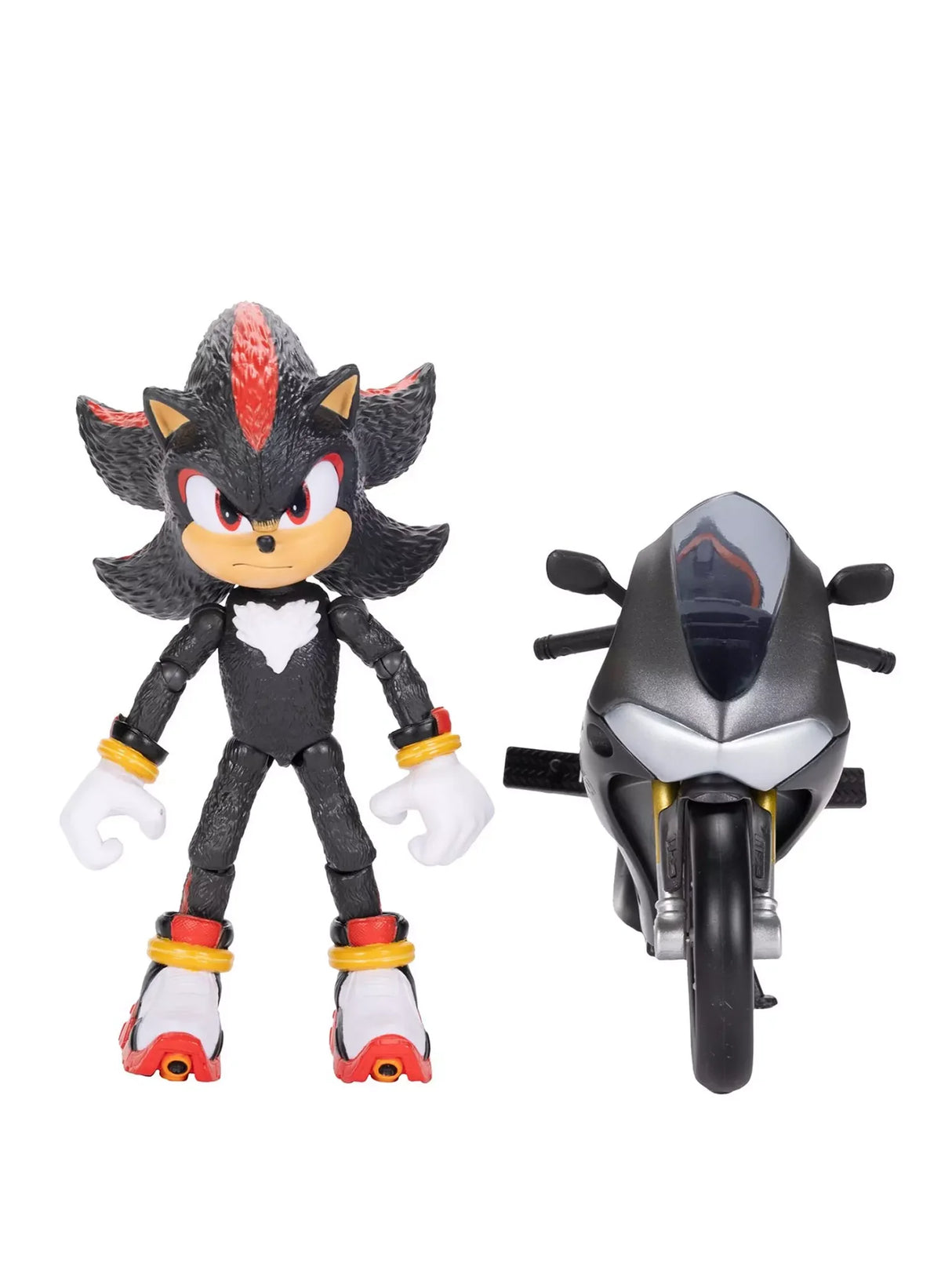 Sonic 3 Movie Shadow 5-inch articulated figure standing beside detailed motorcycle in Ireland.