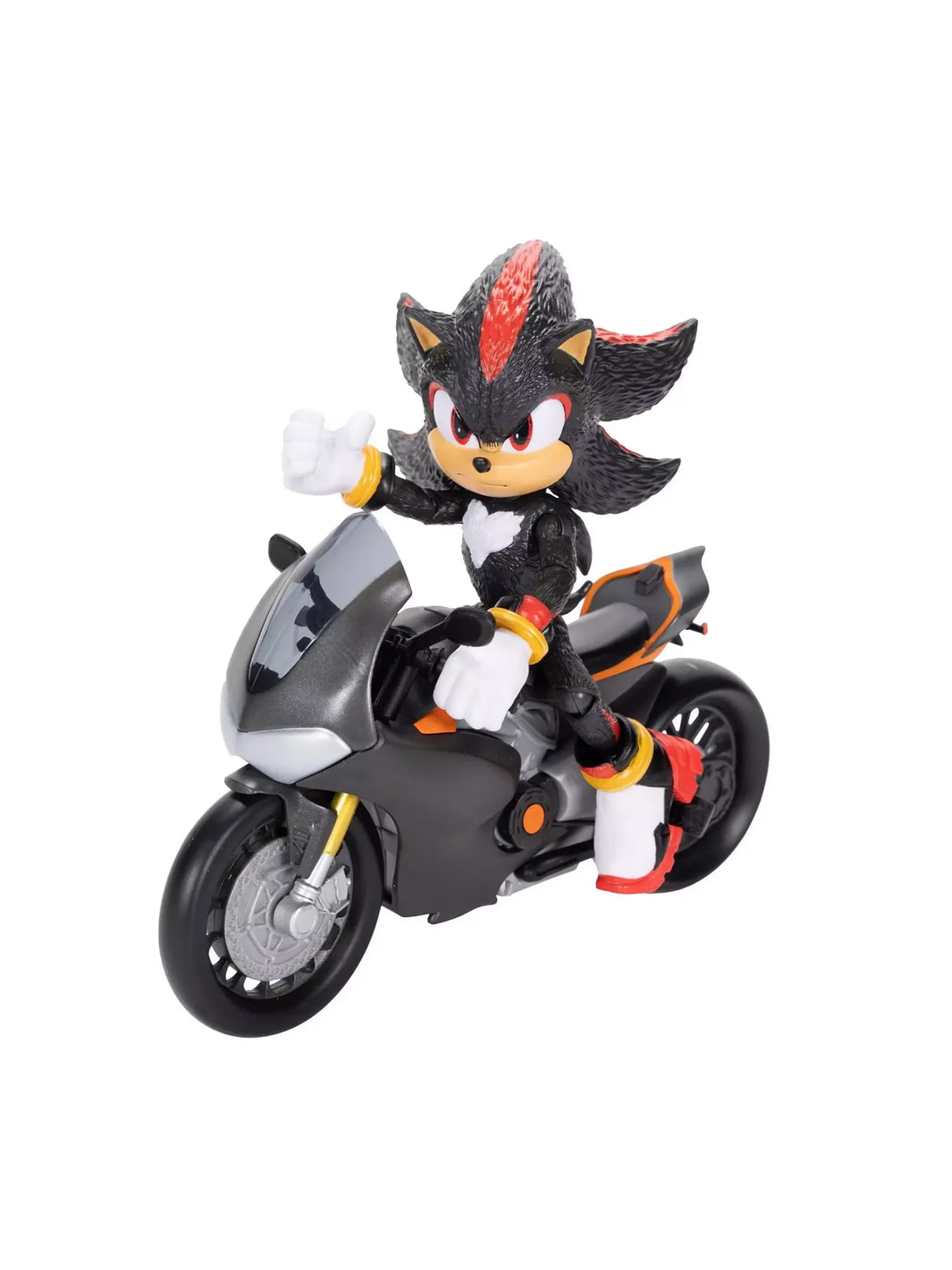 Sonic 3 Movie Shadow action figure riding motorcycle with moving wheels and kickstand in Ireland.