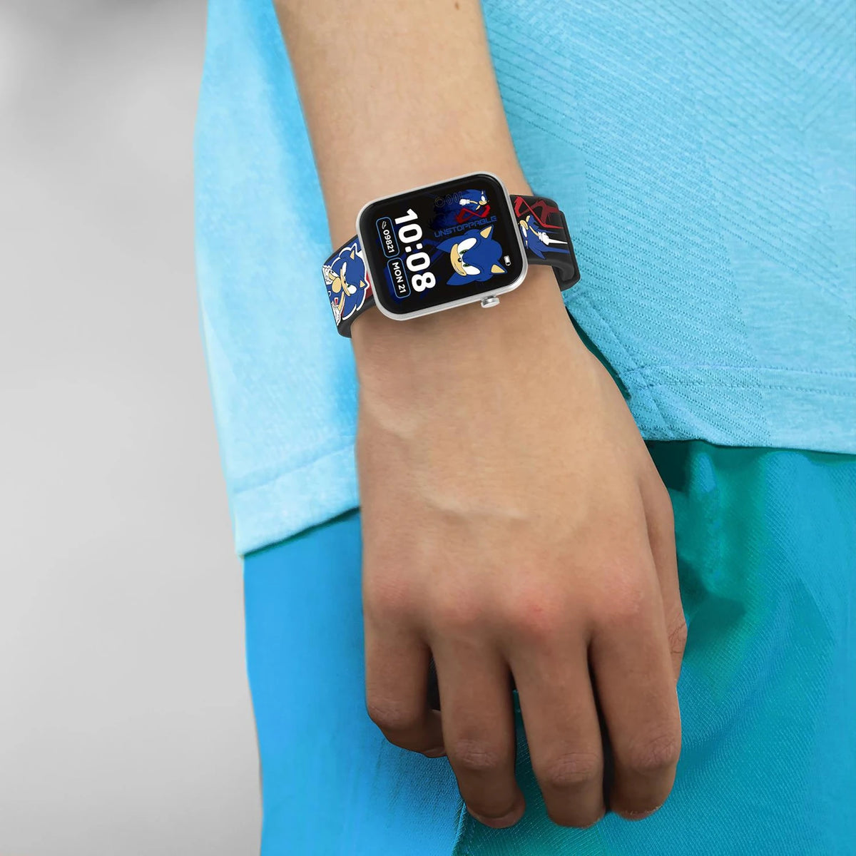 Sonic Printed Strap Smart Watch worn on the wrist with Sonic digital watch face and printed strap