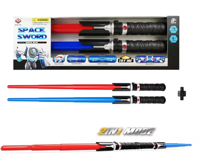 Blue and red space swords with packaging shown above the two blades joined together in 2 in 1 long sword mode.