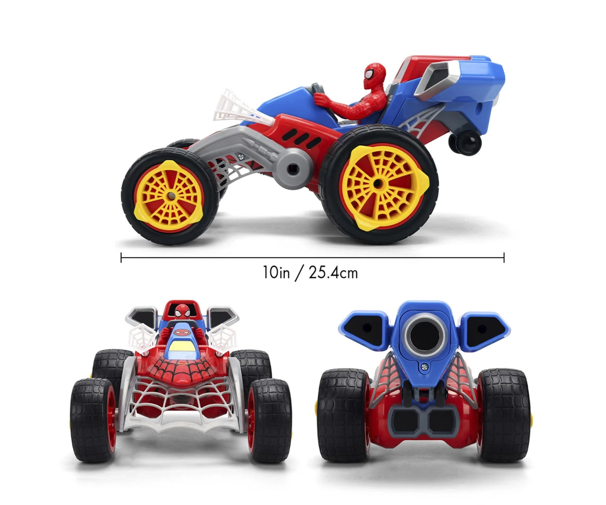 Spider-Man Web Shooting RC Buggy shown from the side, front and rear, with a vehicle length measurement of 25.4 cm.