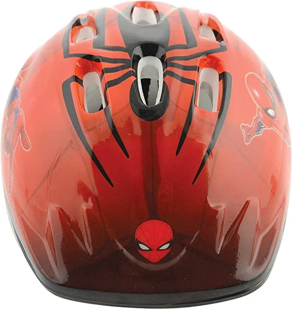 Front view of a Spider Man kids bike helmet featuring web graphics and multiple ventilation openings