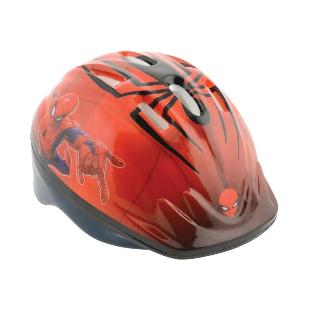 Spider Man kids bike helmet with red character design shown at an angled view with visible ventilation slots