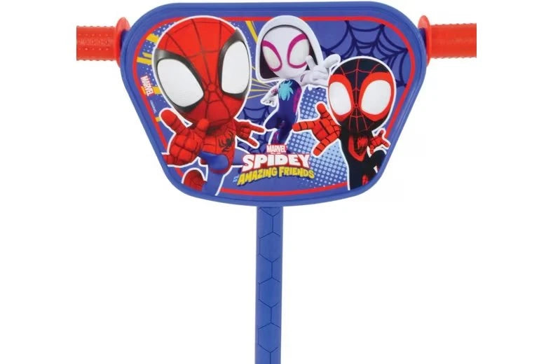 Close-up of the Spidey and His Amazing Friends Deluxe Tri Scooter handlebar panel showing Spidey, Ghost-Spider and Miles Morales character artwork with Marvel Spidey and His Amazing Friends branding